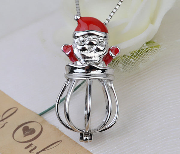 S925 Sterling Silver Santa Claus Pendant Necklace 8-11mm Cage Hollowless Pearl Empty Holder - pearl-shell