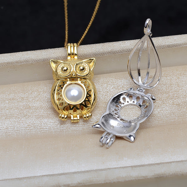 S925 sterling silver owl pendant female necklace cage 8mm no hole bead pendant DIY jewelry accessories - pearl-shell