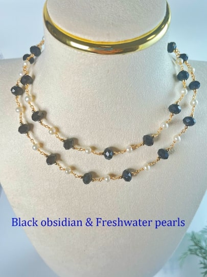 Black obsidian pearl necklace, wire wrapped - pearl-shell