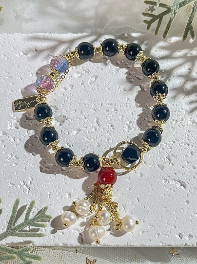 Natural Obsidian White Onyx Crystal Pearl Bracelet,Handmade Women Stretchy Bracelet,Healing Crystal Bracelet,Gemstone Bracelet - pearl-shell
