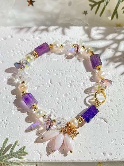 New Amethyst Shell Tassel Pearl Bracelet,Handmade Women Stretchy Bracelet,Healing Crystal Bracelet,Gemstone Bracelet - pearl-shell