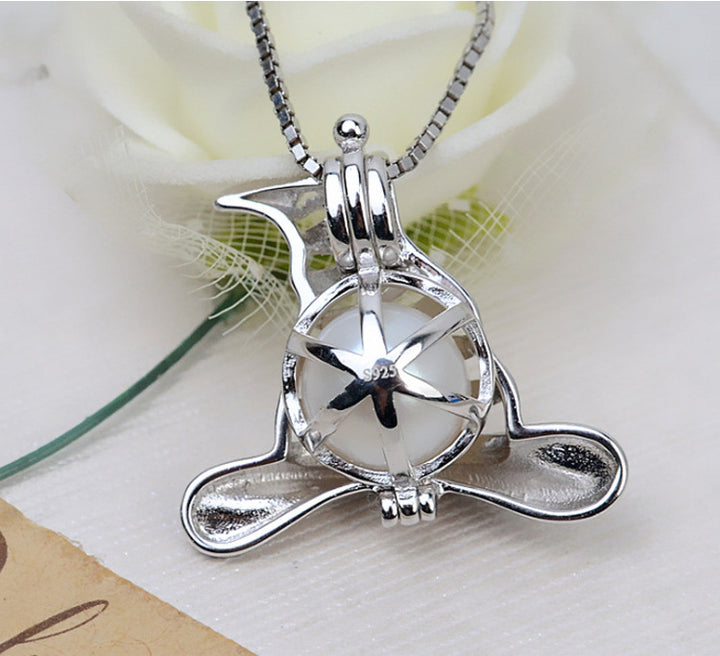 S925 Sterling Silver Magic Hat Halloween Pendant Necklace 7-8mm Cage Hollowless Pearl Empty Holder - pearl-shell