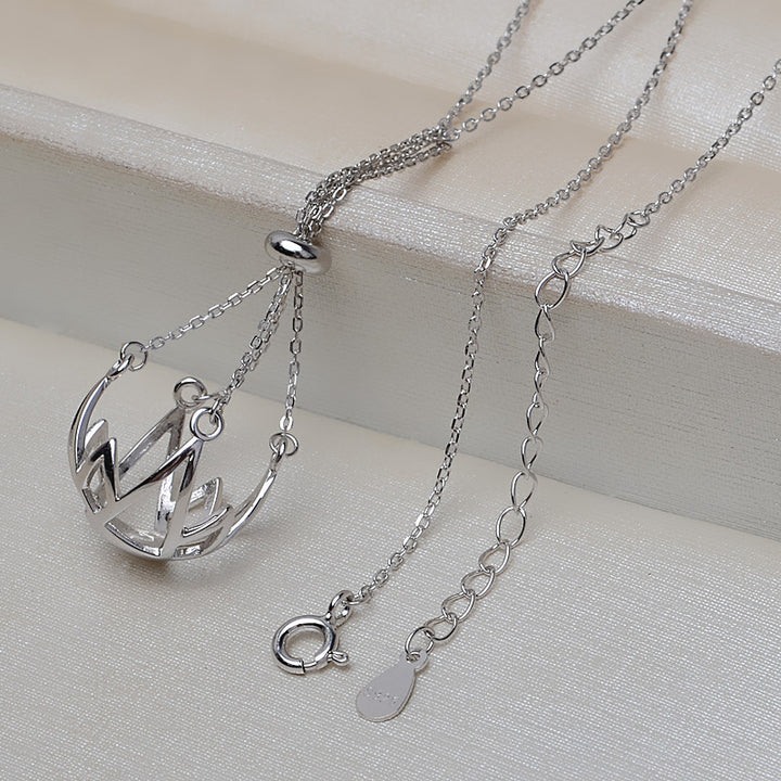 S925 sterling silver round pendant bottom bracket set chain women's necklace 12-14mm cage without holes pearl empty bracket DIY accessories - pearl-shell