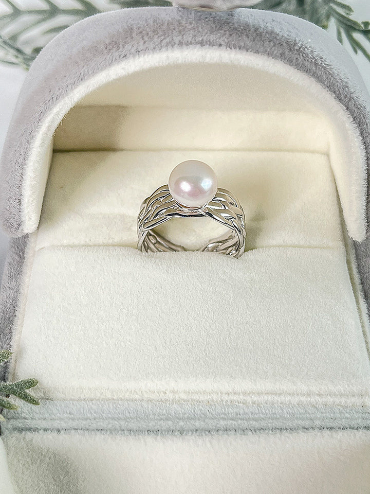 S925 Sterling Silver Wide Woven Open Ring Adjustable Finger Ring 7-10mm Pearl Ring Holder - pearl-shell