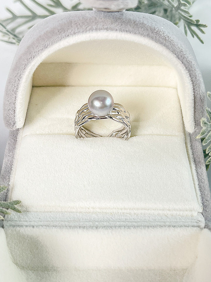 S925 Sterling Silver Wide Woven Open Ring Adjustable Finger Ring 7-10mm Pearl Ring Holder - pearl-shell