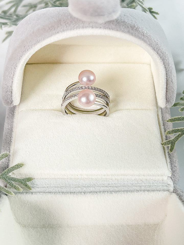 S925 silver dead center double bead ring female closed finger ring personalized 6-7mm pearl ring holder - pearl-shell