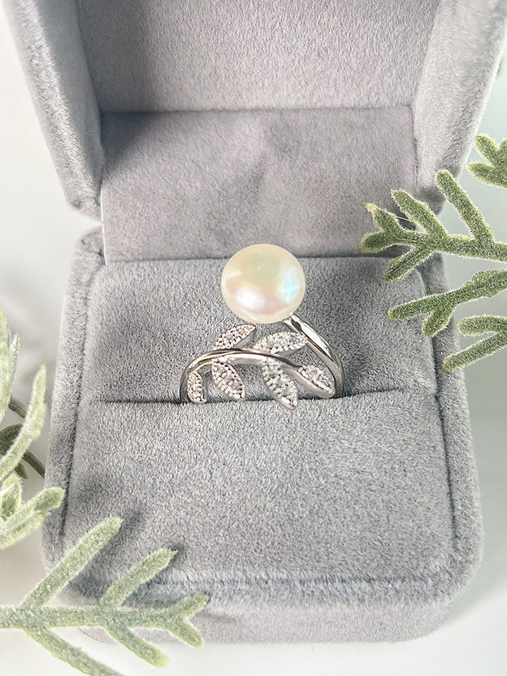 S925 sterling silver leaf model adjustable finger ring women feather ring 8-10mm pearl ring holder - pearl-shell