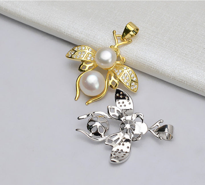 S925 sterling silver pendant head necklace 2 beads big bee multi-bead pendant pearl set empty bracket - pearl-shell