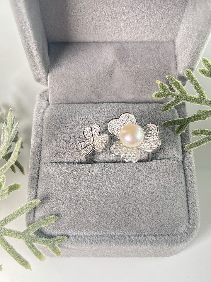 S925 Sterling Silver Flower Open Ring Adjustable Finger Ring Finger Ring 5-6mm Pearl ring holder - pearl-shell