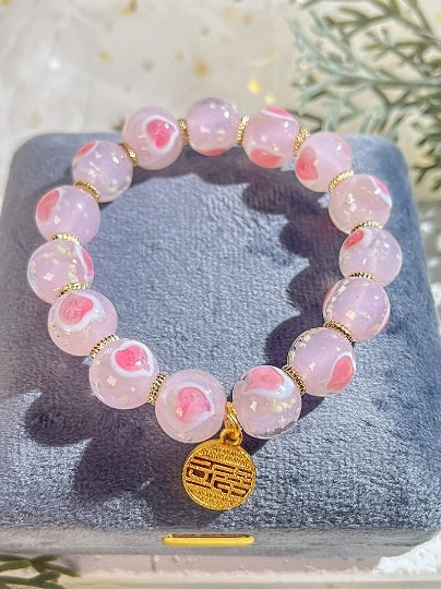Luminous Love Heart Cherry Blossom Pink Glass Bead Bracelet,Handmade Women Stretchy Bracelet - pearl-shell
