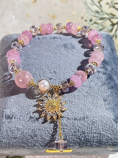 New Pink Sunflower Micro Set Crystal Bracelet,Handmade Women Stretchy Bracelet,Healing Crystal Bracelet,Gemstone Bracelet - pearl-shell