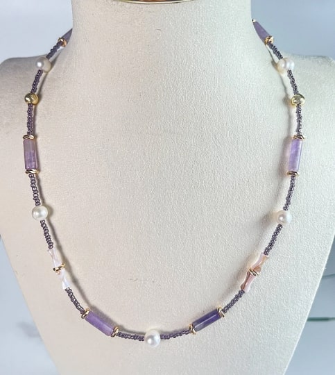 Dreamy Amethyst Crystal and Agate Column Pearl Necklace - pearl-shell