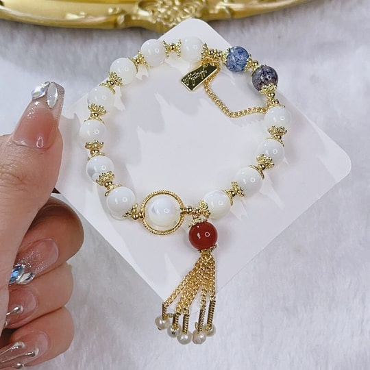 Natural Obsidian White Onyx Crystal Pearl Bracelet,Handmade Women Stretchy Bracelet,Healing Crystal Bracelet,Gemstone Bracelet - pearl-shell