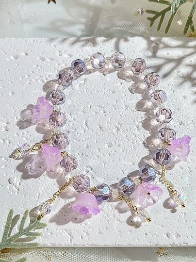 Lily of the Valley Tassel Cloisonné Bracelet,Handmade Women Stretchy Bracelet - pearl-shell