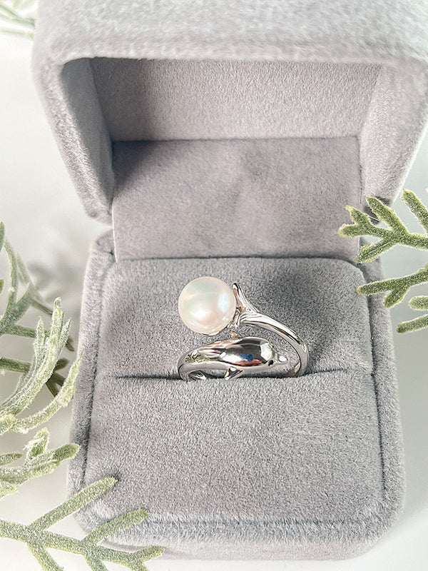 S925 sterling silver open face dolphin ring 7-9mm adjustable pearl ring holder - pearl-shell