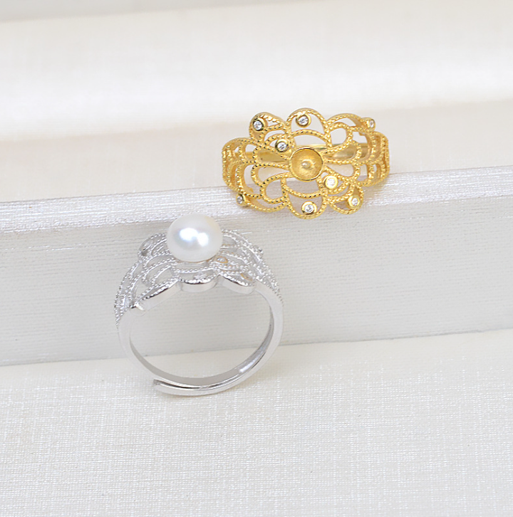S925 sterling silver ring vintage palace open finger ring female 4-6mm adjustable ring holder - pearl-shell