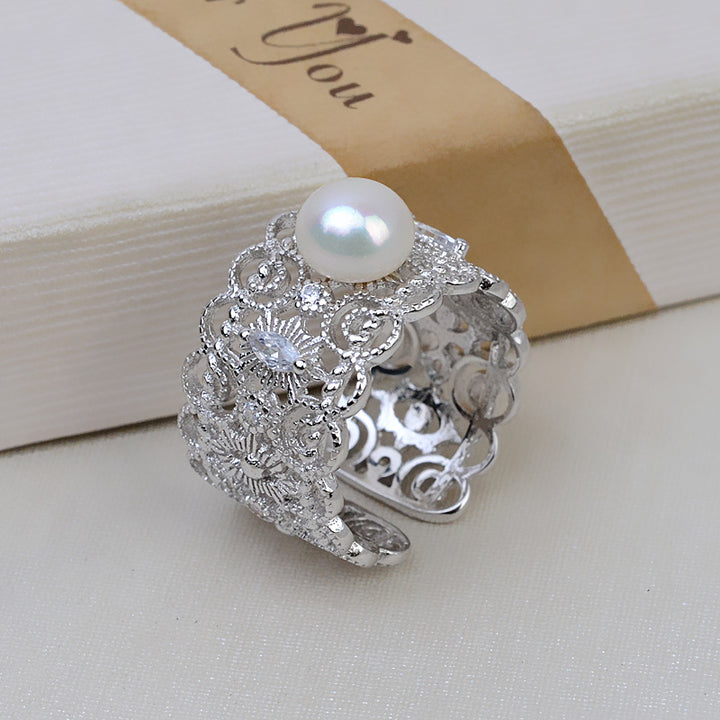S925 sterling silver open ring adjustable finger ring court lace women's ring 5-7mm pearl empty holder - pearl-shell