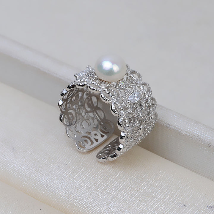 S925 sterling silver open ring adjustable finger ring court lace women's ring 5-7mm pearl empty holder - pearl-shell
