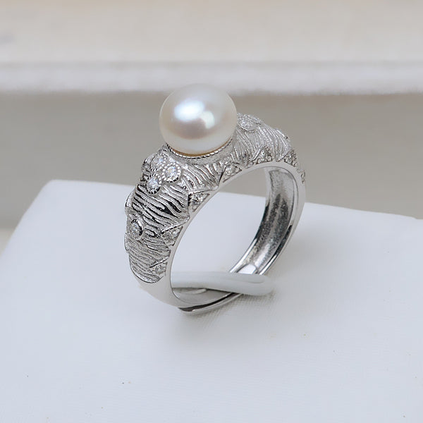 S925 sterling silver adjustable retro European and American style princess ring 7-8mm pearl ring holder - pearl-shell