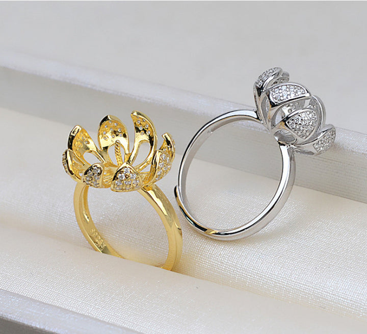 S925 Sterling Silver Lotus Ring Adjustable Finger Ring 9-11mm Pearl Ring Holder - pearl-shell