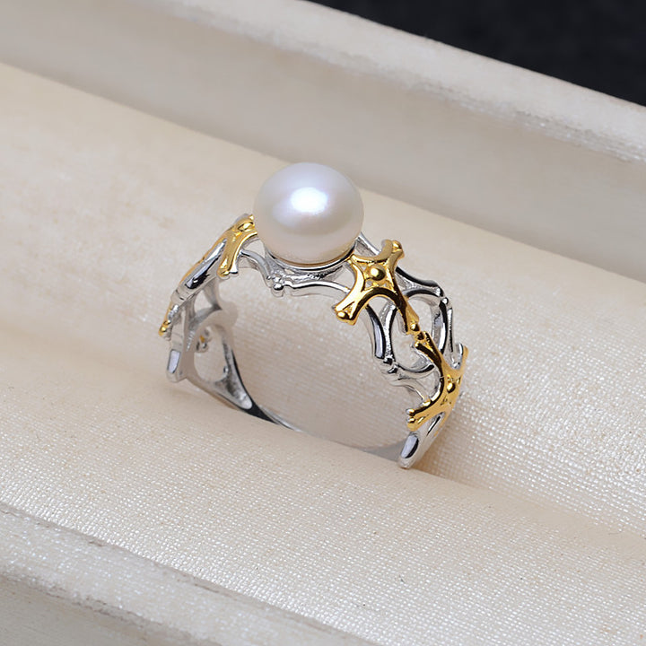 S925 Sterling Silver Split Ring Opening Ring Adjustable 7-10mm Pearl Ring Holder - pearl-shell