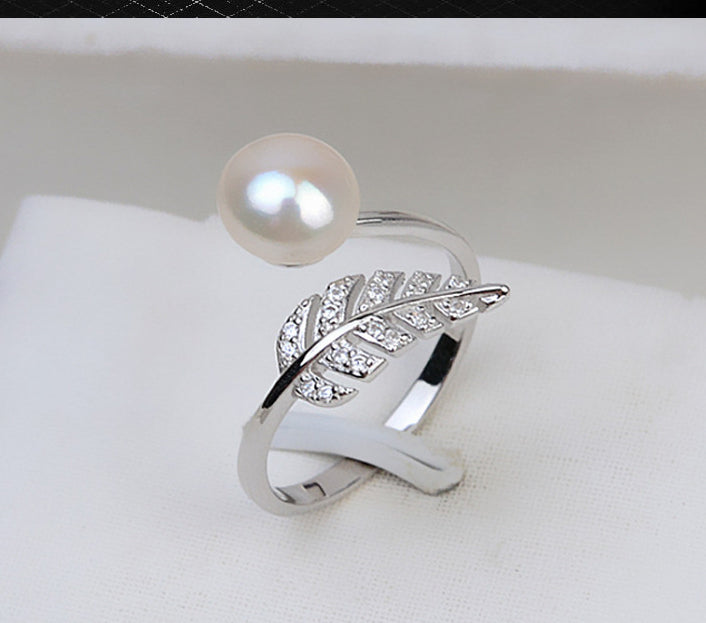 S925 Sterling Silver Open Feather Ring Adjustable Pearl Ring Holder - pearl-shell