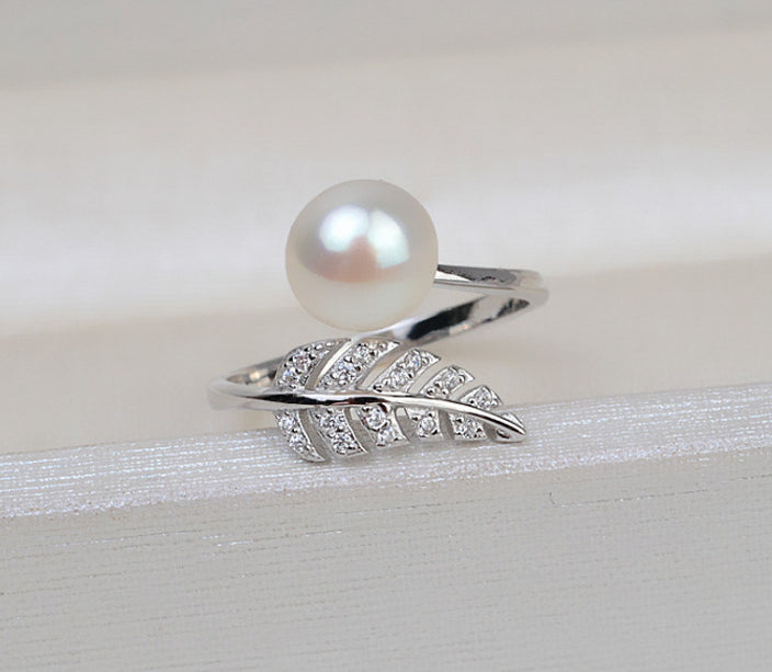 S925 Sterling Silver Open Feather Ring Adjustable Pearl Ring Holder - pearl-shell