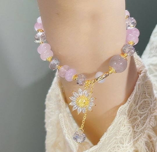 New Pink Sunflower Micro Set Crystal Bracelet,Handmade Women Stretchy Bracelet,Healing Crystal Bracelet,Gemstone Bracelet - pearl-shell