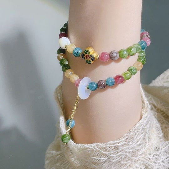 Vintage Double-loop Tourmaline Crystal Bracelet,Handmade Women Stretchy Bracelet,Tourmaline Bracelets,Gemstone Bracelet - pearl-shell
