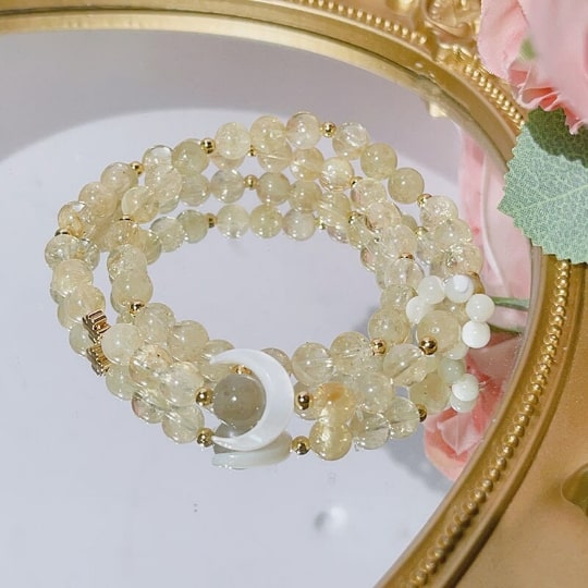 Bright Moon - Double Loop Strawberry Quartz Crystal Bracelet,Handmade Women Stretchy Bracelet,Crystal Bracelet - pearl-shell