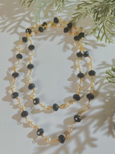 Black obsidian pearl necklace, wire wrapped - pearl-shell
