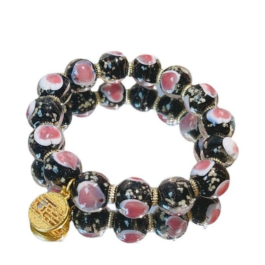 Luminous Love Heart Cherry Blossom Pink Glass Bead Bracelet,Handmade Women Stretchy Bracelet - pearl-shell