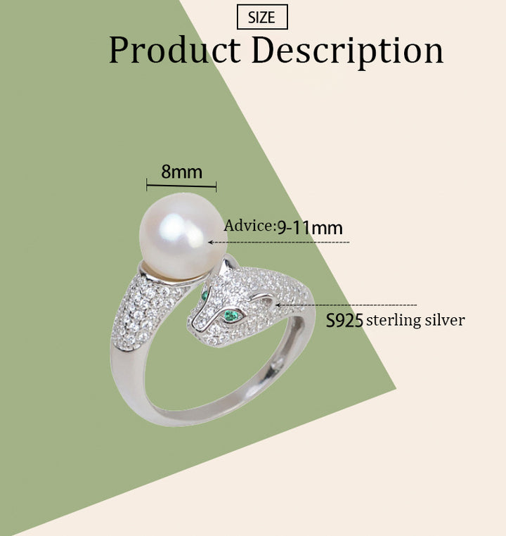 S925 sterling silver leopard head ring women fashion adjustable 9-11mm pearl ring holder - pearl-shell