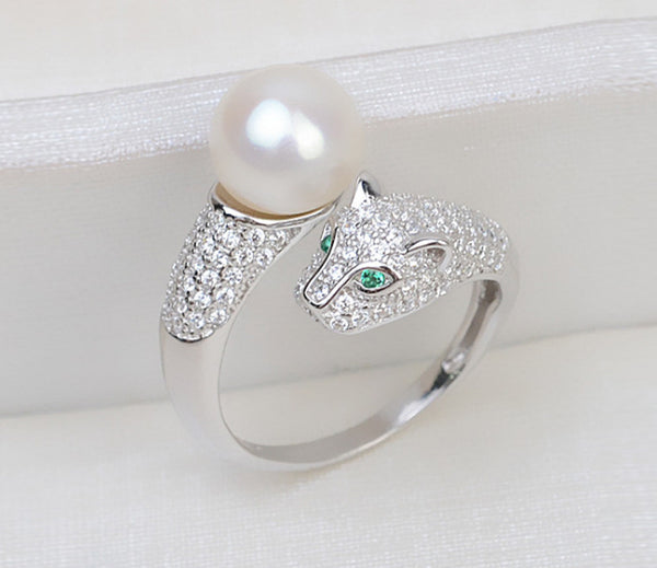 S925 sterling silver leopard head ring women fashion adjustable 9-11mm pearl ring holder - pearl-shell