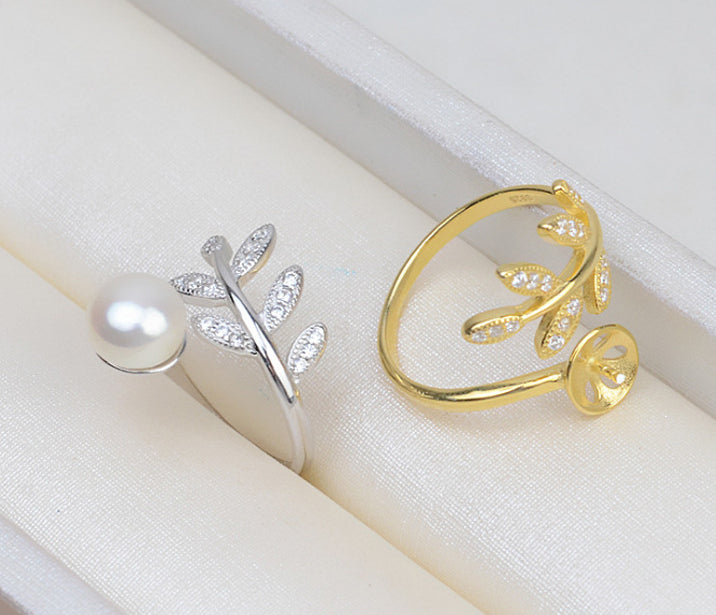 S925 sterling silver leaf model adjustable finger ring women feather ring 8-10mm pearl ring holder - pearl-shell