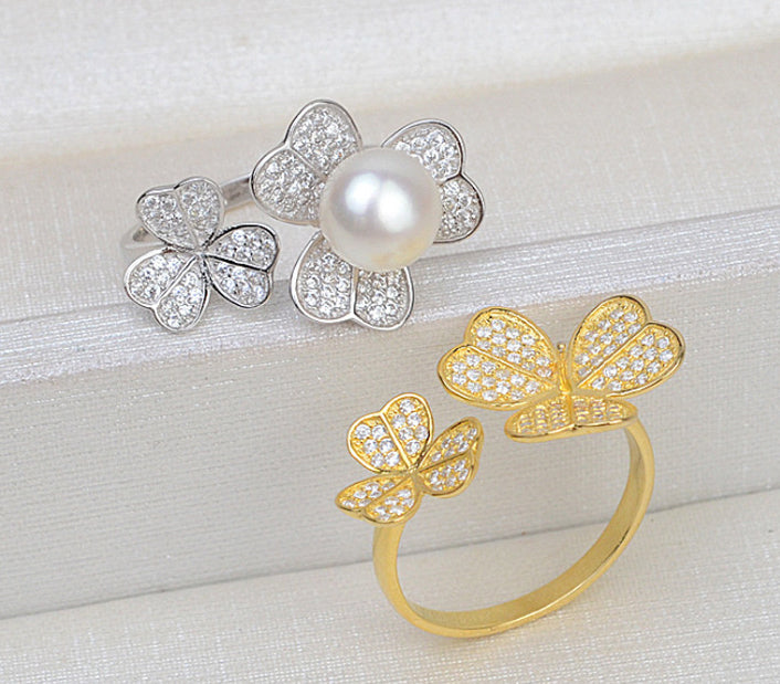 S925 Sterling Silver Flower Open Ring Adjustable Finger Ring Finger Ring 5-6mm Pearl ring holder - pearl-shell
