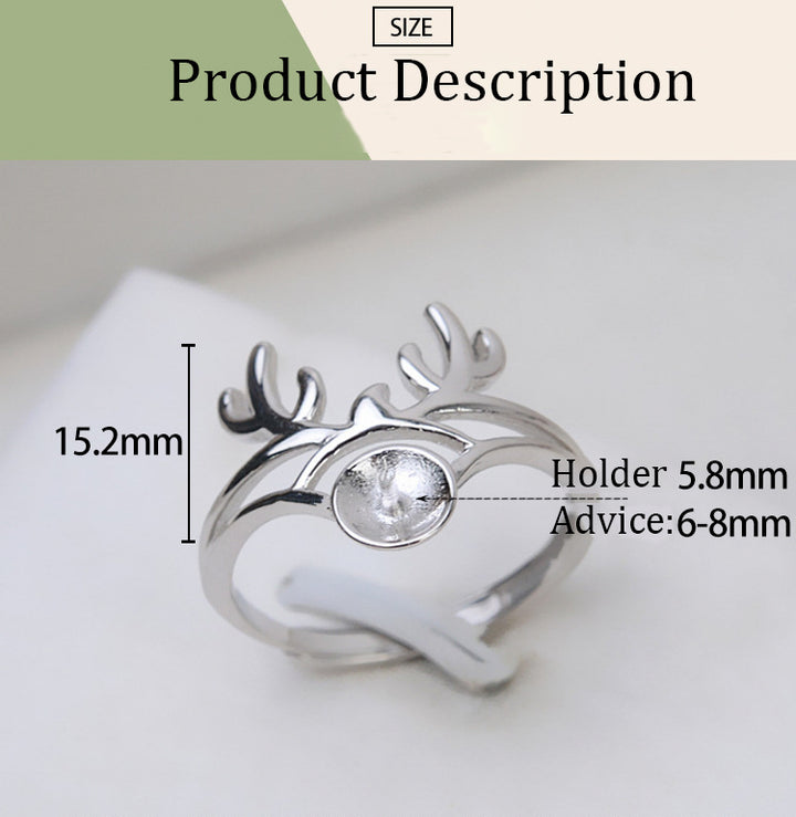 S925 sterling silver open ring antler elk adjustable 6-8mm pearl ring holder - pearl-shell