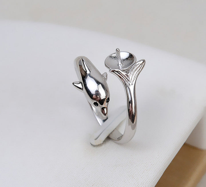 S925 sterling silver open face dolphin ring 7-9mm adjustable pearl ring holder - pearl-shell