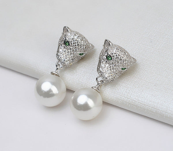 S925 sterling silver leopard head earrings female earrings personalized pearl earring holder - pearl-shell