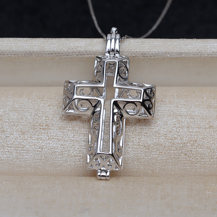 S925 sterling silver cross Europe and the United States pendant necklace pendant cage 6-6.5mm no hole pearl DIY empty holder - pearl-shell
