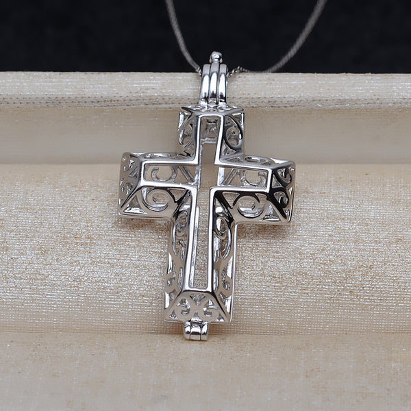 S925 sterling silver cross Europe and the United States pendant necklace pendant cage 6-6.5mm no hole pearl DIY empty holder - pearl-shell