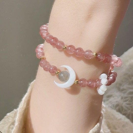 Bright Moon - Double Loop Strawberry Quartz Crystal Bracelet,Handmade Women Stretchy Bracelet,Crystal Bracelet - pearl-shell