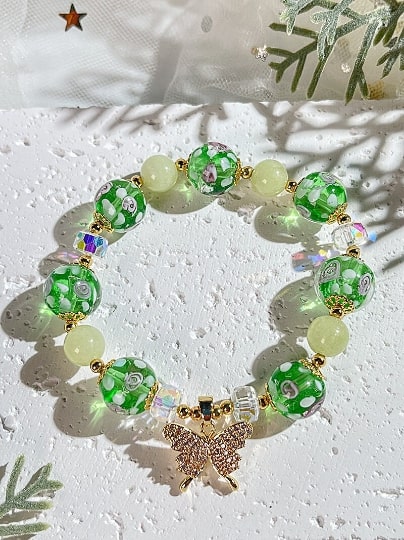New crystal bracelet with butterfly pendant,Handmade Women Stretchy Bracelet,Healing Crystal Bracelet,Gemstone Bracelet - pearl-shell