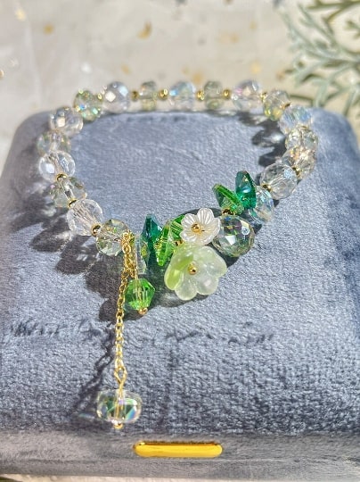 Twin Flowers-Bellflower Tasseled Glass Bracelet,Handmade Women Stretchy Bracelet,Healing Crystal Bracelet,Gemstone Bracelet - pearl-shell