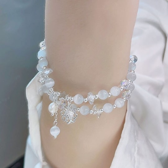 Double Loop Cat's Eye Stone Bracelet - Daisy Bracelet,Handmade Women Stretchy Bracelet,Agate Bracelet,Gemstone Bracelet - pearl-shell