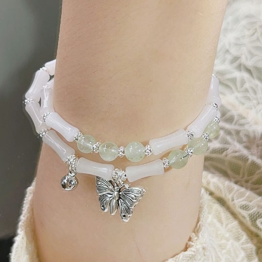 New double-loop bamboo-joint jade bracelet,Handmade Women Stretchy Bracelet,Gemstone Bracelet - pearl-shell