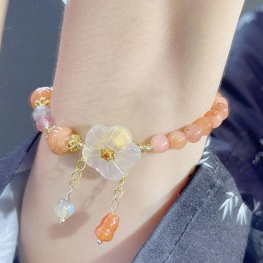 Earthly Treasures Flower - Gold Thread Jade Agate Bracelet, Handmade Women Stretchy Bracelet,Agate Bracelet,Gemstone Bracelet - pearl-shell