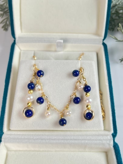 Lapis Lazuli and Freshwater Pearl Necklace and Earrings Set - pearl-shell