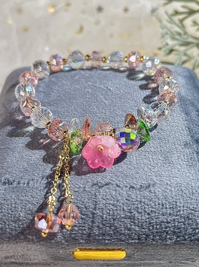Twin Flowers-Bellflower Tasseled Glass Bracelet,Handmade Women Stretchy Bracelet,Healing Crystal Bracelet,Gemstone Bracelet - pearl-shell