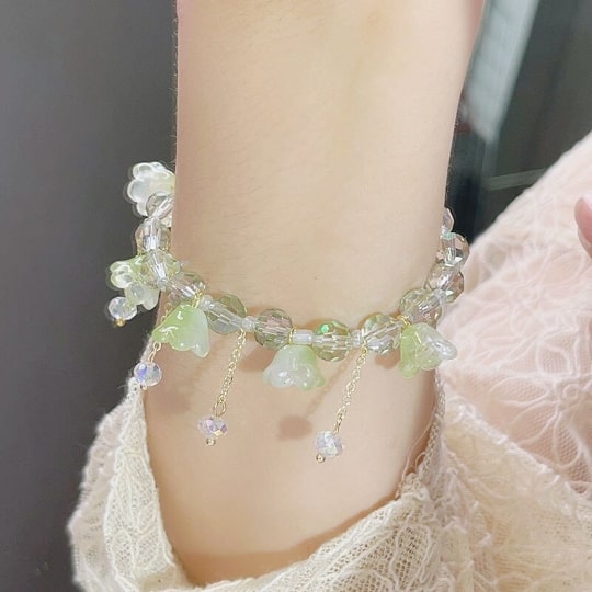 Lily of the Valley Tassel Cloisonné Bracelet,Handmade Women Stretchy Bracelet - pearl-shell